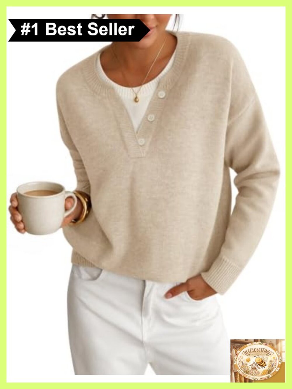 Women's Oversized Henley Neck Pullover Sweater Faux Layer Button Knit Long